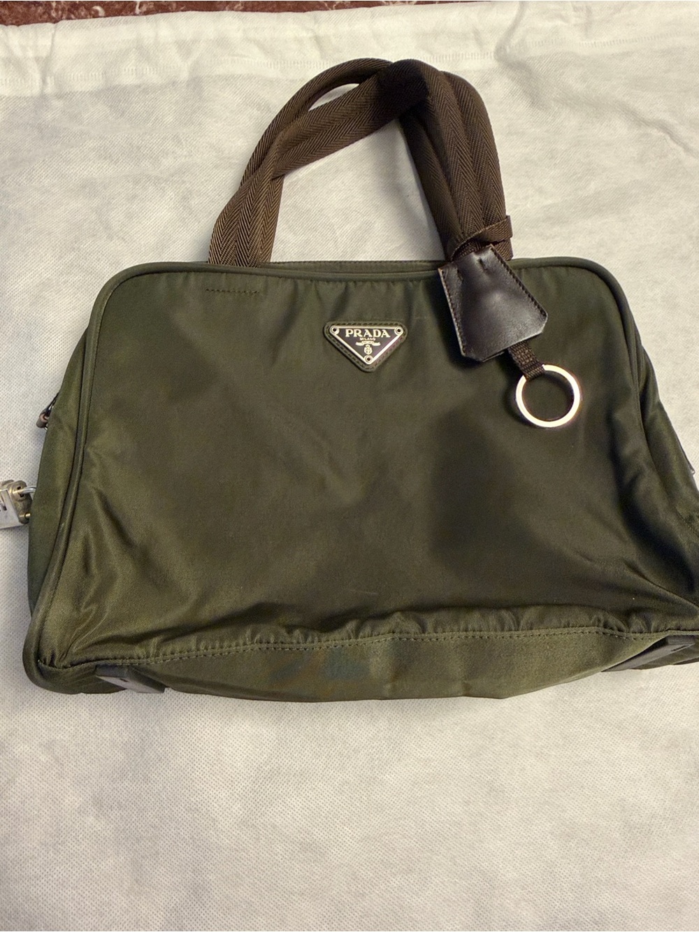Prada Tessuto Nylon Bowling Bag Olive Green Brown Handles Lock Made in Italy